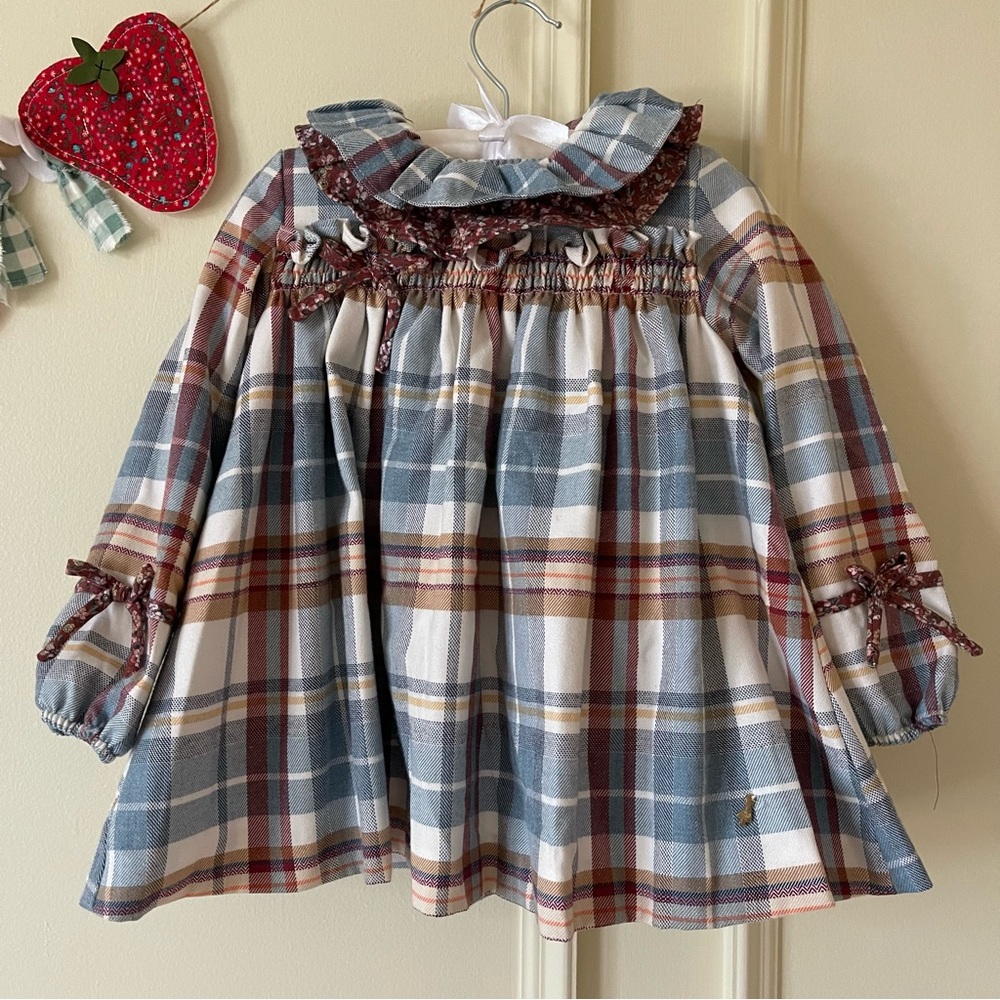 Plaid Easter toddler dress set ruffled collar and matching bloomer from Spain